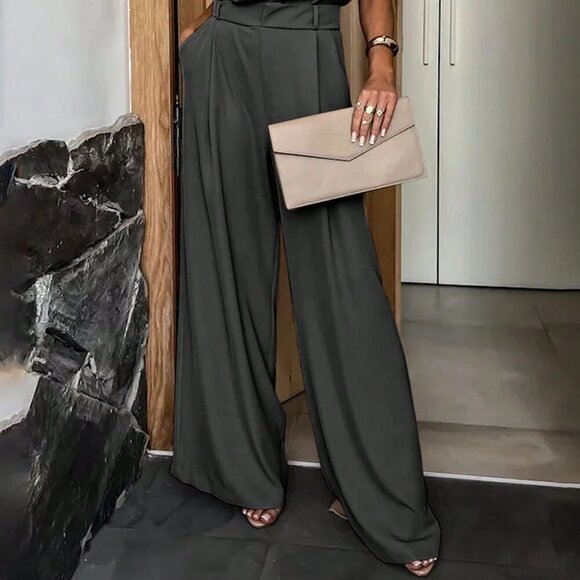 Dark Grey Women's Summer Solid Color Pocket Pleated Wide Leg Casual Jumpsuit - Picture 2 of 5